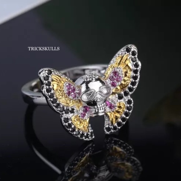 Butterfly Skull Multicolor Lab Gem Stone Pave Ring Glam Punk Size 6 7 8 9 New! - Picture 2 of 6